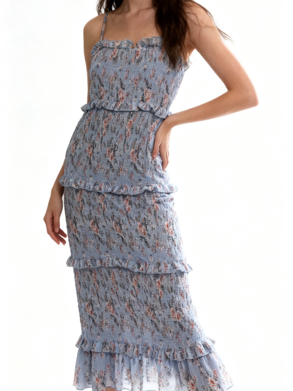 Smocked Tiered Midi Dress in Light Blue Floral